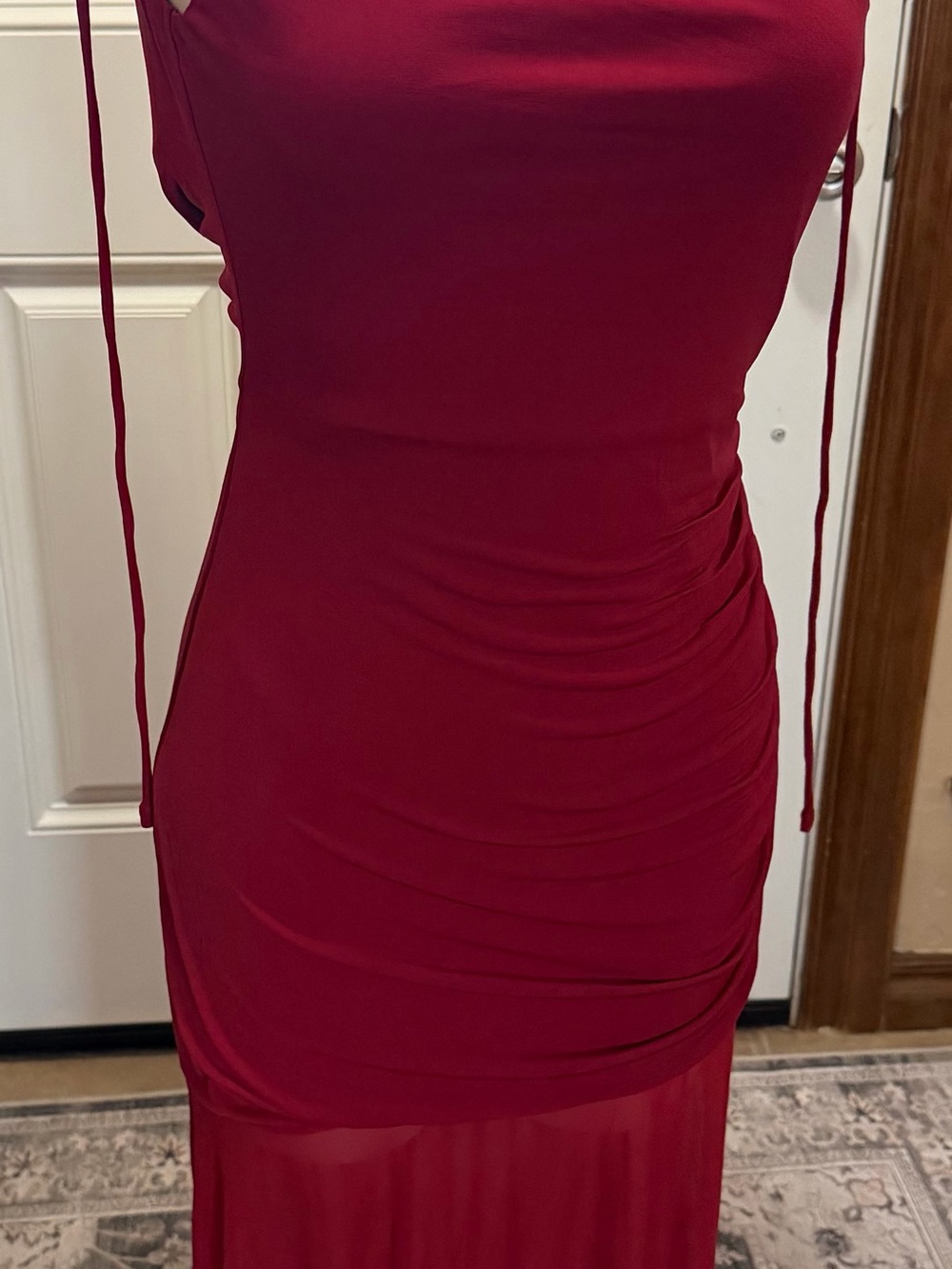 Ruched Deep Red Maxi Dress with Side Ties